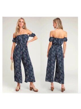 Lulu’s Striped Off-Shoulder Jumpsuit Womens large Elastic Waist Multi (OO549)